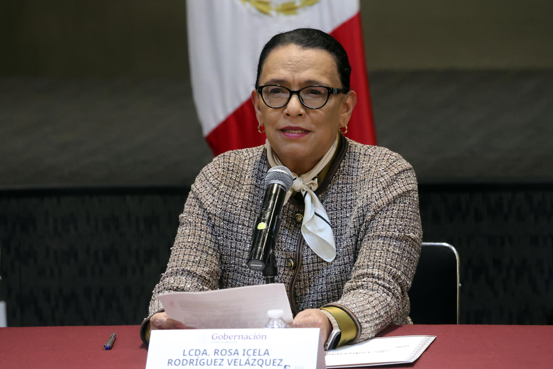 La secretaría de Gobernación, Rosa Icela Rodríguez, habla en una rueda de prensa este miércoles, en Ciudad de México (México). EFE/ Madla Hartz

