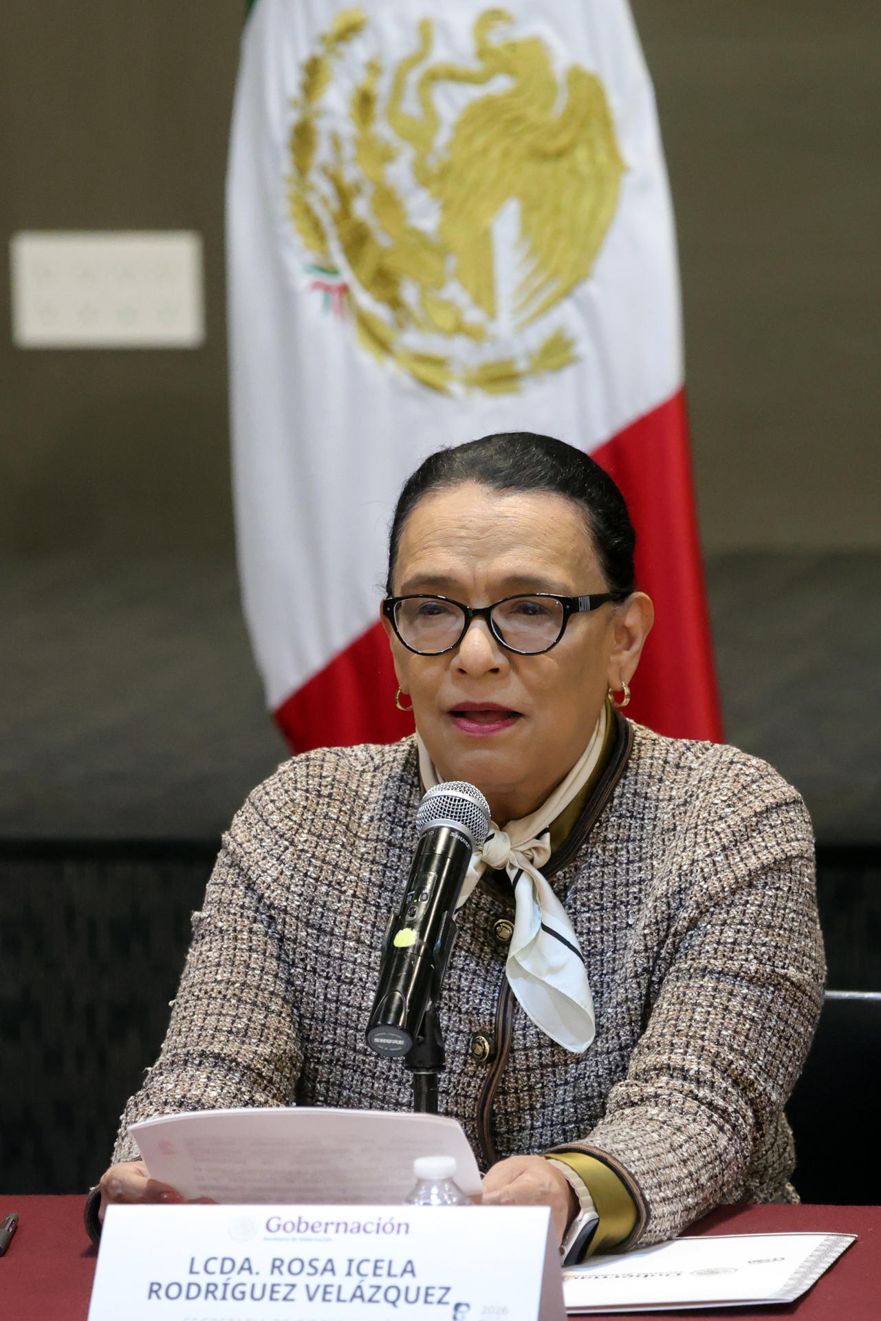 La secretaría de Gobernación, Rosa Icela Rodríguez, habla en una rueda de prensa este miércoles, en Ciudad de México (México). EFE/ Madla Hartz
