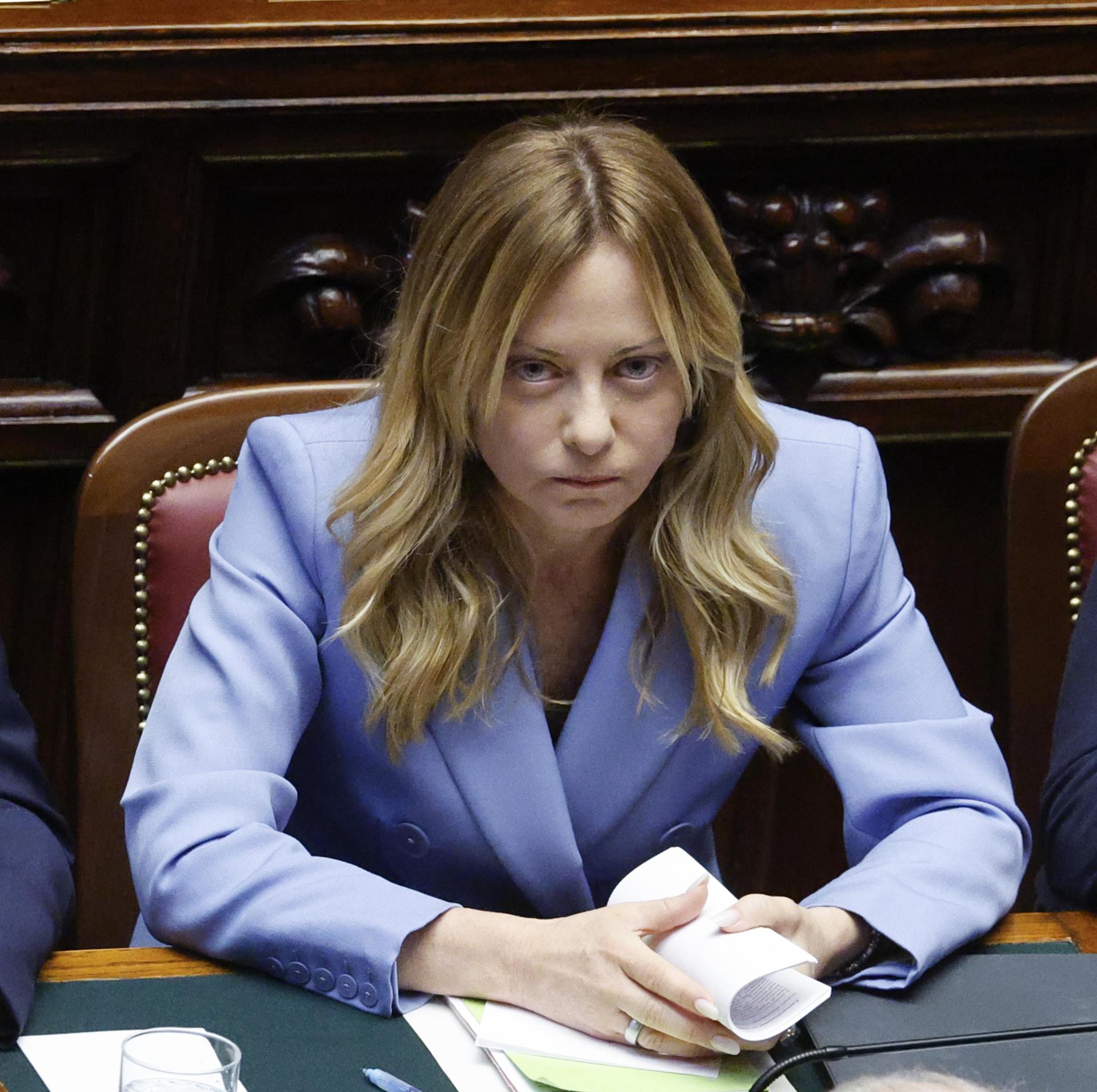 La primera ministra italiana Giorgia Meloni, este jueves durante una comparecencia ante la Cámara de Diputados sobre la próxima reunión del Consejo Europeo, en Roma, Italia. EFE/EPA/FABIO FRUSTACI
