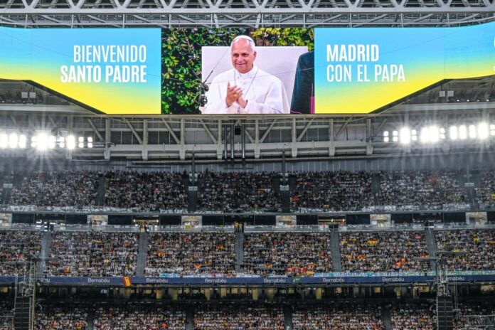 El papa León XIV en el Bernabéu el pasado 8 de junio. EFE/EPA/CIRO FUSCO
