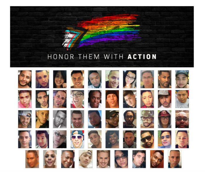 Fotografía cedida este 12 de junio por la organización Equality Florida que muestra una composición de retratos de las víctimas del tiroteo hace diez años en la discoteca Pulse en Orlando (FL, EE.UU.). EFE/Equality Florida
