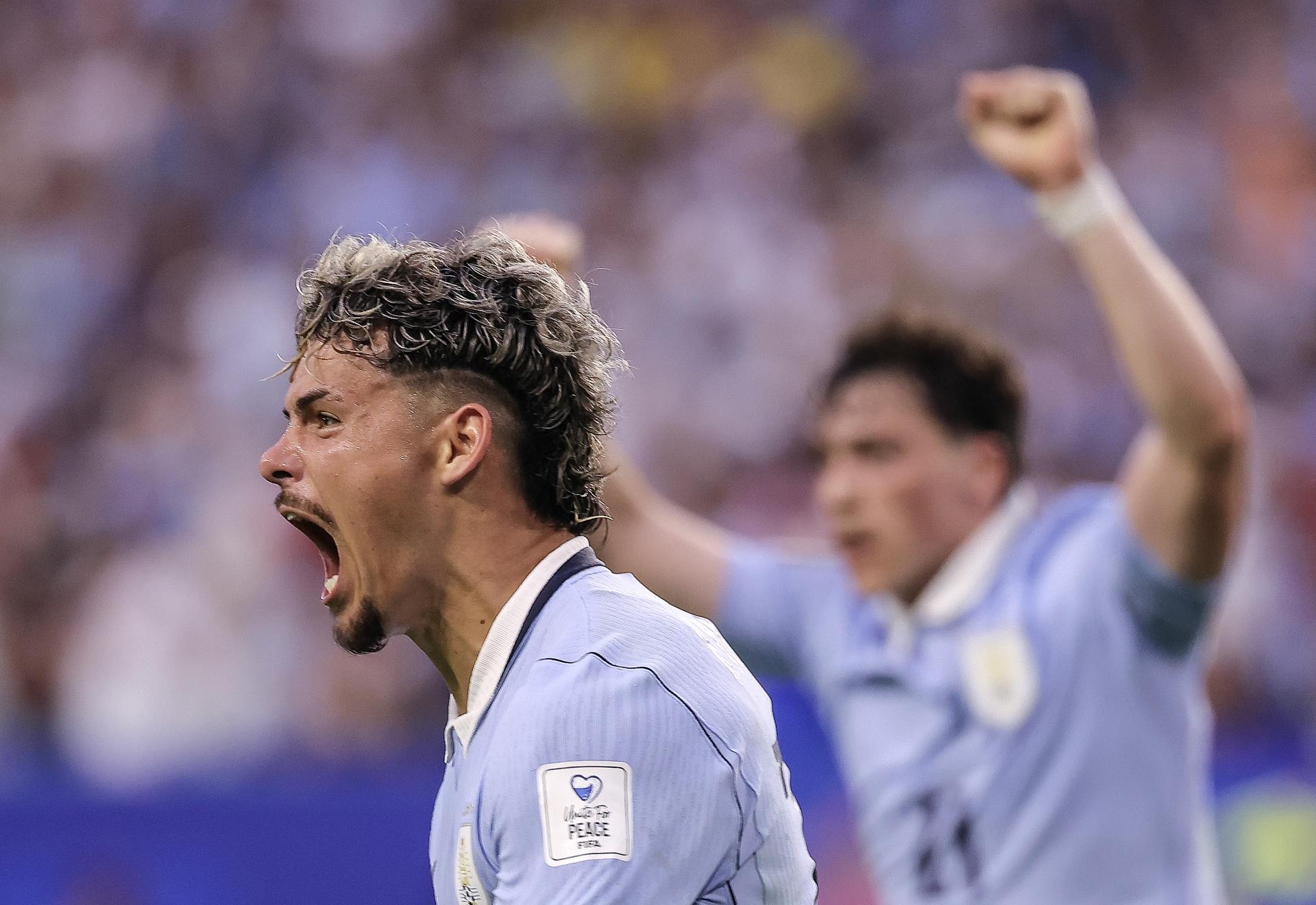 Maximiliano Araújo celebra el gol que le dio el empate a Uruguay ante Arabia Saudí en Miami. EFE/EPA/CRISTOBAL HERRERA-ULASHKEVICH
