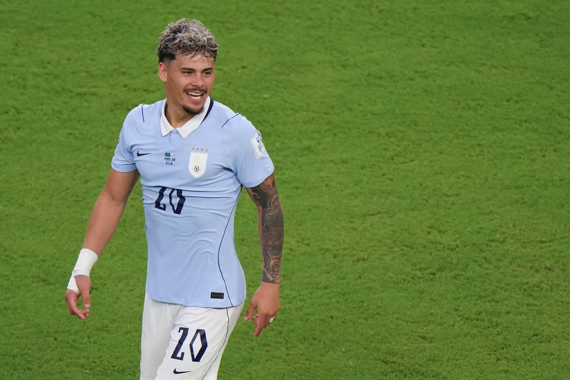 Maxi Araújo anotó el gol de Uruguay este lunes en el partido que terminó 1-1 contra Arabia Saudí en el Grupo H del Mundial 2026. EFE/ Alberto Boal
