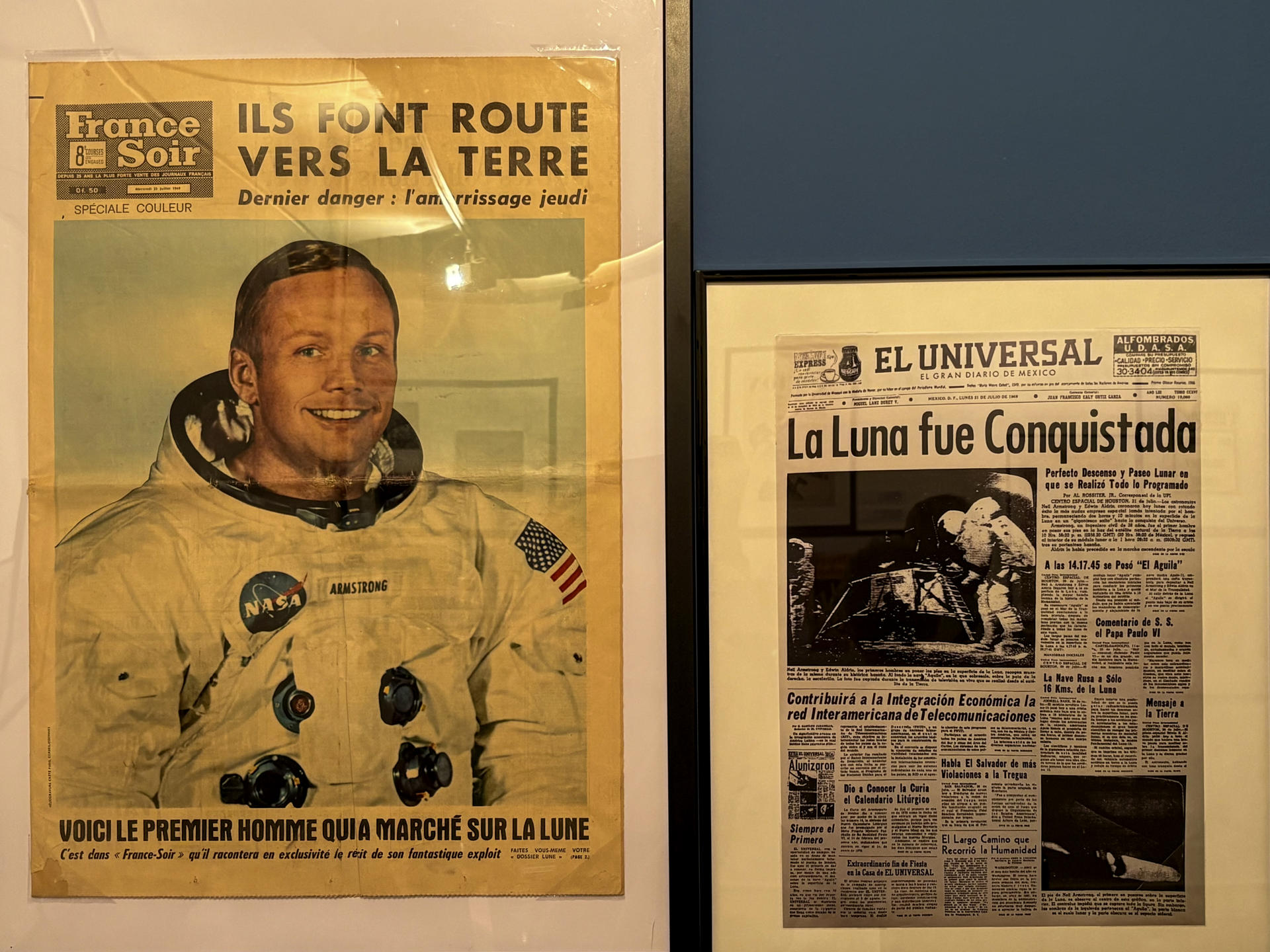 Portadas de medios franceses y mexicanos con la llegada del hombre a la Luna. El Instituto Cultural de México en París despide este jueves una exposición de periódicos mexicanos y franceses de los últimos dos siglos, que conmemora los "200 años de amistad" entre ambos países, para preparar su viaje a Ciudad de México, donde se exhibirá este otoño.La muestra, titulada 'Miradas Cruzadas: 200 años de prensa México-Francia', recoge 200 portadas y artículos históricos que retratan la visión de dichos países ante eventos globales, lo cual también ayuda a entender el lugar que cada uno ha ocupado en el imaginario colectivo del otro. EFE/ Pol Lloberas Cardona
