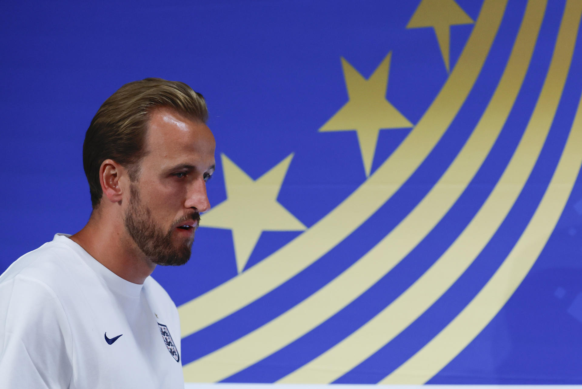 Harry Kane, jugador de la selección de Inglaterra, asiste a una rueda de prensa en Dallas (EE.UU.). EFE/Mariscal
