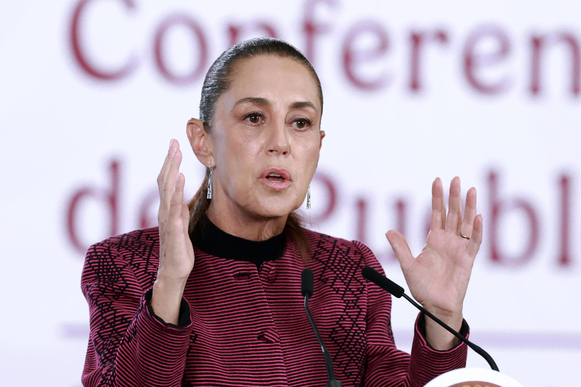 La presidenta de México, Claudia Sheinbaum, habla durante una rueda de prensa este miércoles, en el Palacio Nacional, en Ciudad de México (México). EFE/Mario Guzmán