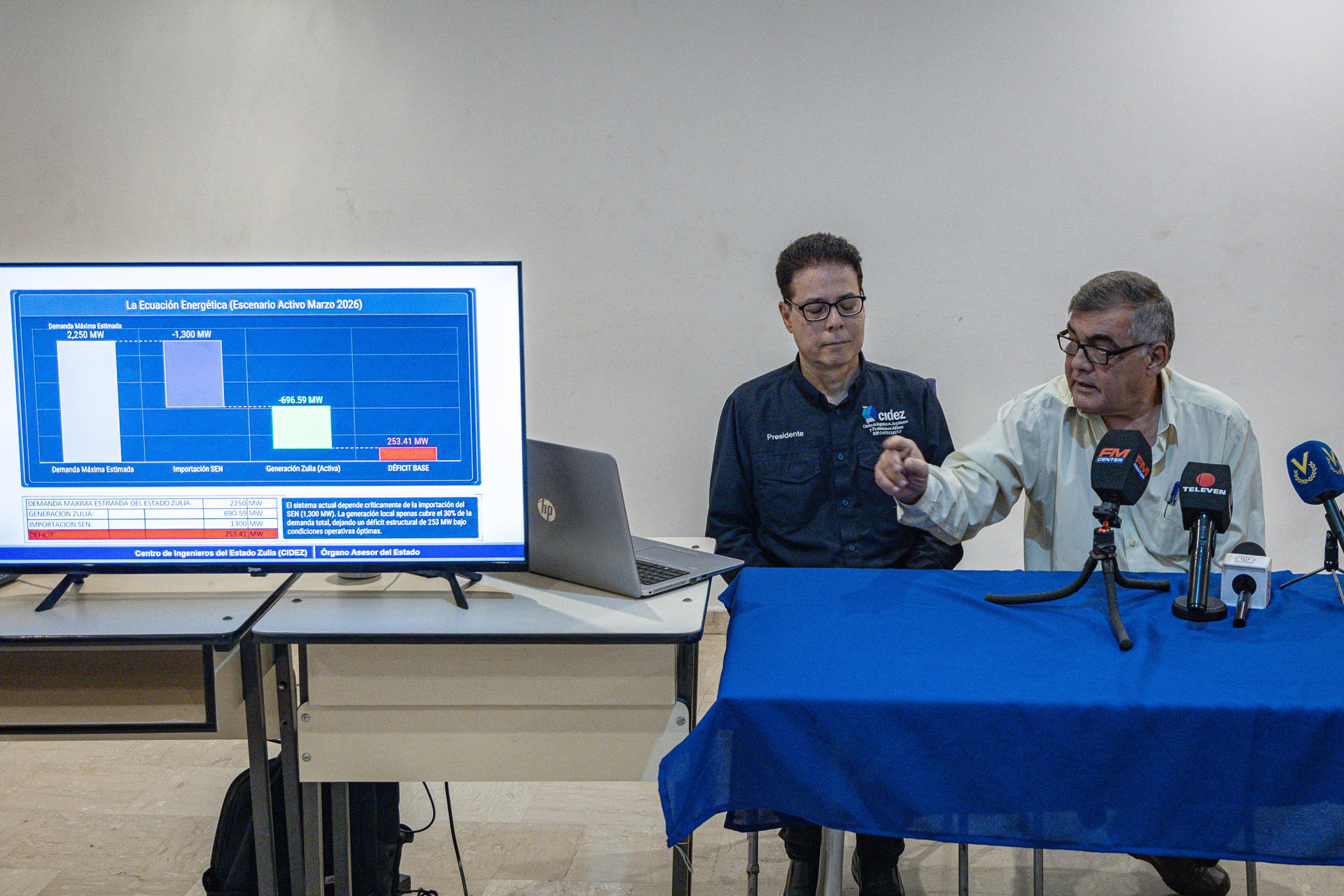 El presidente de la Comisión de Energía del Colegio de Ingenieros del Estado Zulia, Orlando Urdaneta, habla durante una rueda de prensa sobre el panorama eléctrico de Venezuela este miércoles, en Maracaibo (Venezuela). EFE/ Henry Chirinos