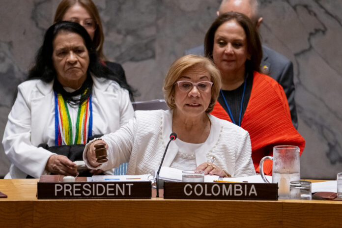 Fotografía cedida por la ONU de la canciller de Colombia, Rosa Yolanda Villavicencio Mapy, en una reunión del Consejo de Seguridad sobre el tema 'La paz se decide con las mujeres: salir del conflicto mediante el fortalecimiento de su participación' este miércoles, en Nueva York (Estados Unidos). EFE/ Manuel Elías/ONU
