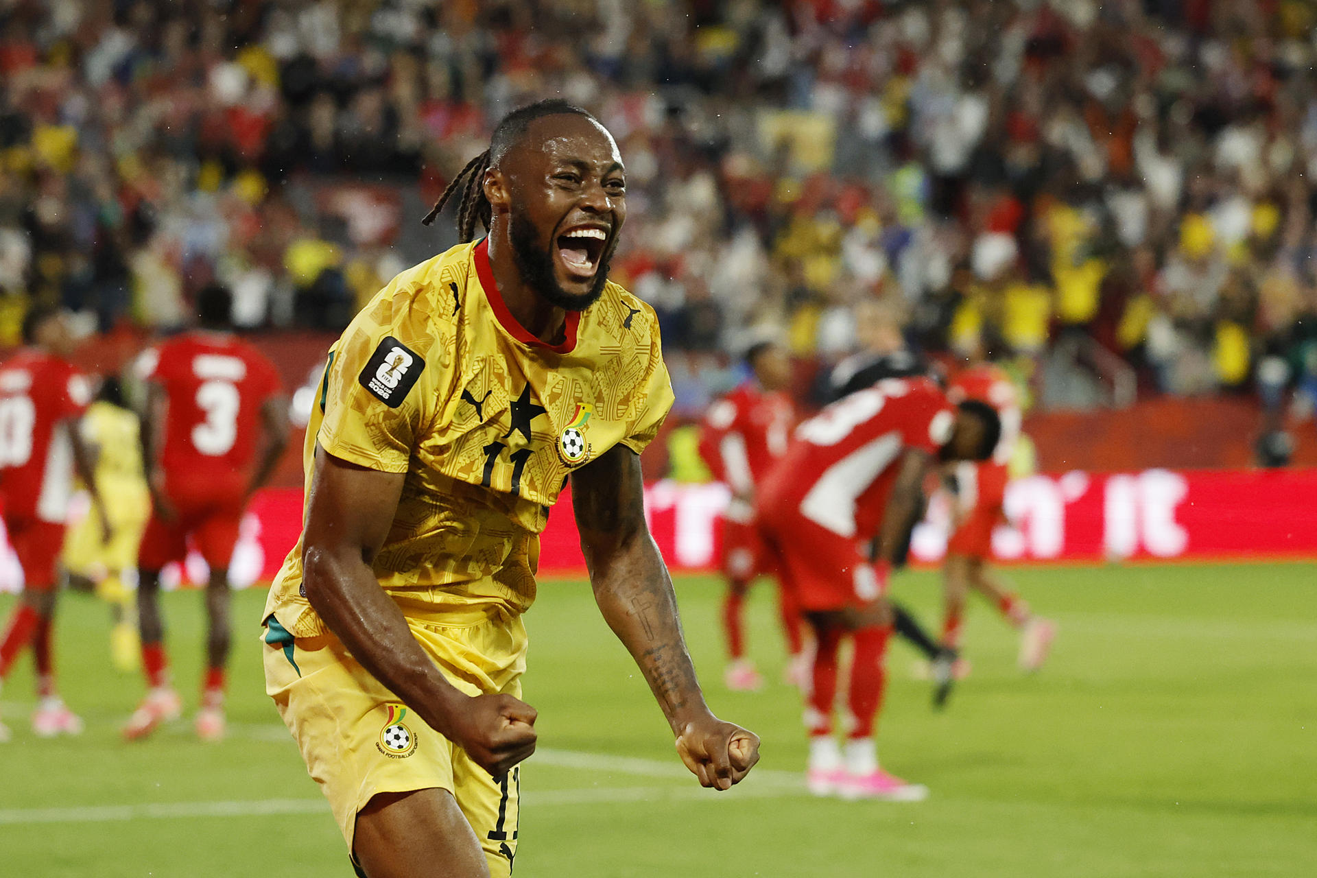 Antoine Semenyo, de Ghana, celebra un gol en un partido del grupo L del Mundial de la FIFA 2026 entre Ghana y Panamá en el estadio BMO en Toronto (Canadá). EFE/ Bienvenido Velasco

