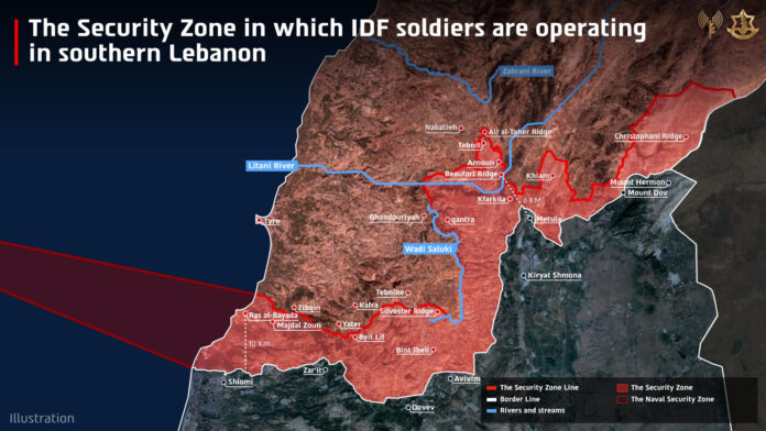 .- Mapa difundido por el Ejército de Israel del perímetro que invaden en el sur del Líbano. El Ejército de Israel anunció hoy que permanecerá en el territorio que mantiene invadido en el sur del Líbano, pese a la firma del memorando de entendimiento entre EE.UU. e Irán que incluye 