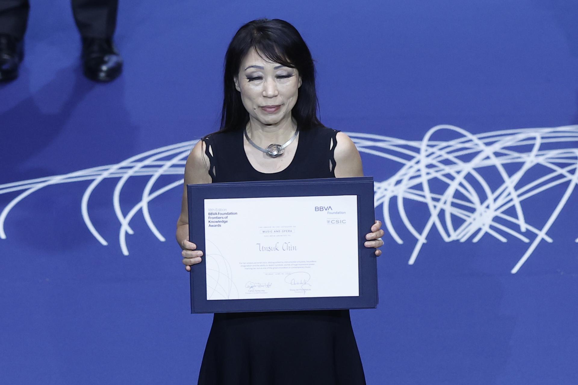 La compositora Unsuk Chin ha sido galardonado en la categoría de Música y Ópera de los Premios Fronteras del Conocimiento 2026 que la Fundación BBVA ha otorgado este jueves en Bilbao. EFE/ Miguel Toña
