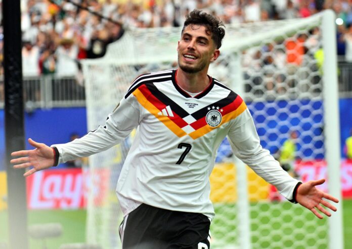 Fotografía del 14 de junio de 2026 en la que se observa a Kai Havertz, de Alemania, al celebrar marcar el 7-1 durante el partido de la fase de grupos de la Copa Mundial de la FIFA 2026 entre Alemania y Curazao, en Houston (EE.UU.). EFE/SAM WASSON
