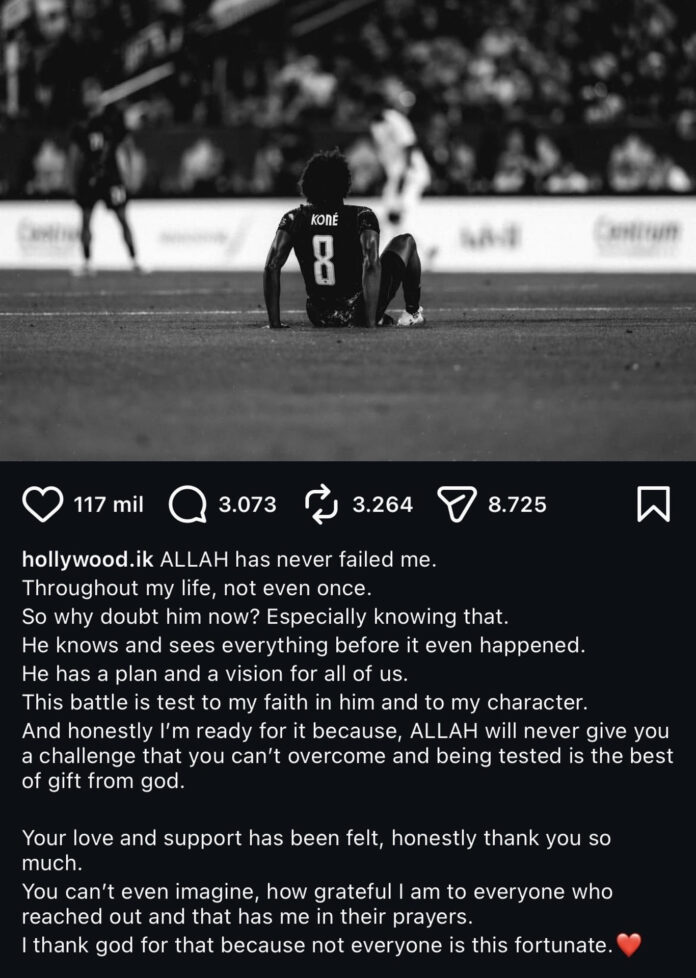 Captura de pantalla tomada de la cuenta de Instagram @hollywood.ik del jugador de Canadá Ismaël Koné donde muestra su agradecimiento a la afición y a sus compañeros el apoyo recibido tras sufrir la fractura de la tibia izquierda durante el partido contra Catar. 