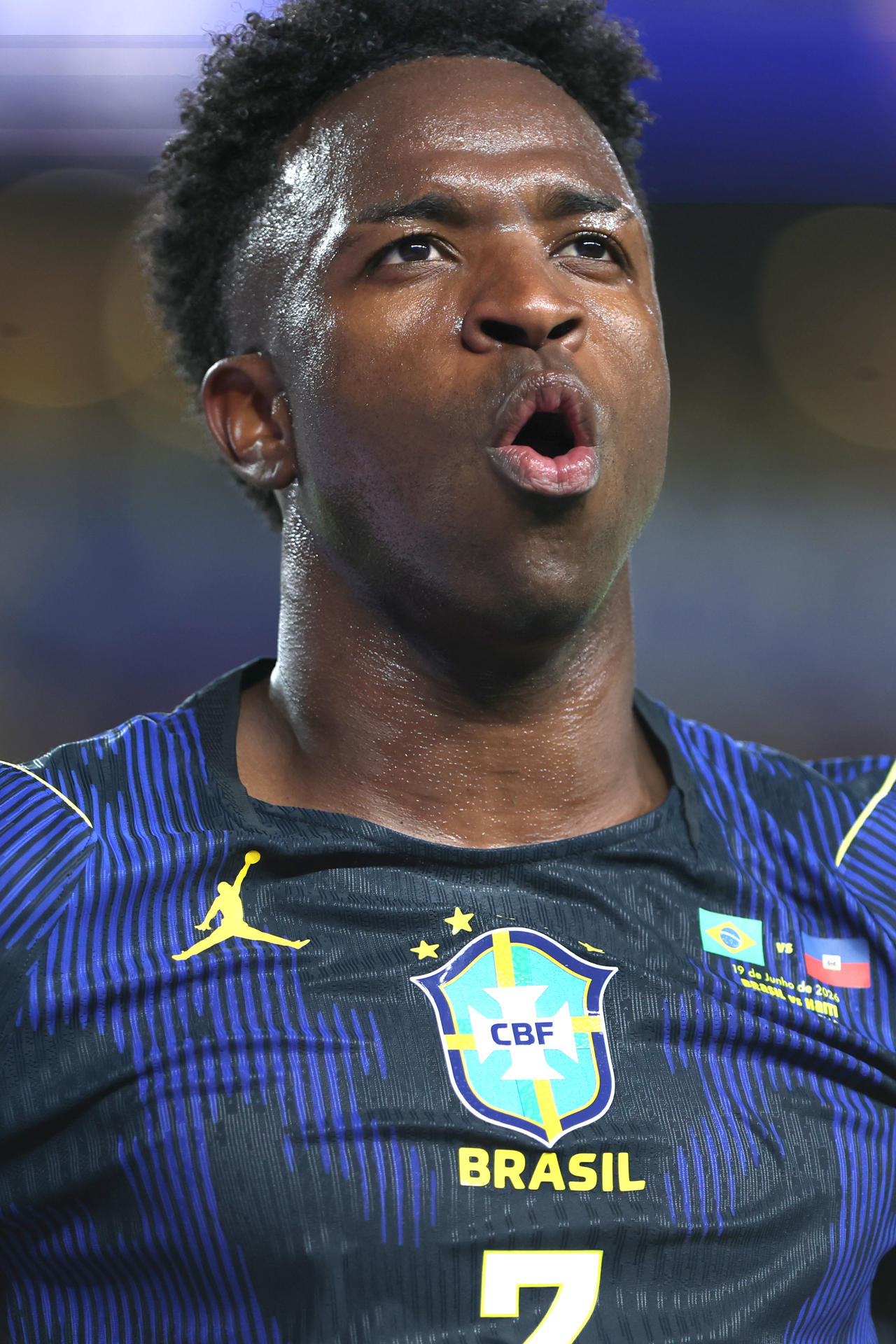 Vinícius Júnior de Brasil celebra un gol este viernes en un partido del Grupo C del Mundial 2026 contra Haití, en el estadio Lincoln Financial Field en Filadelfia. EFE/ David Toro