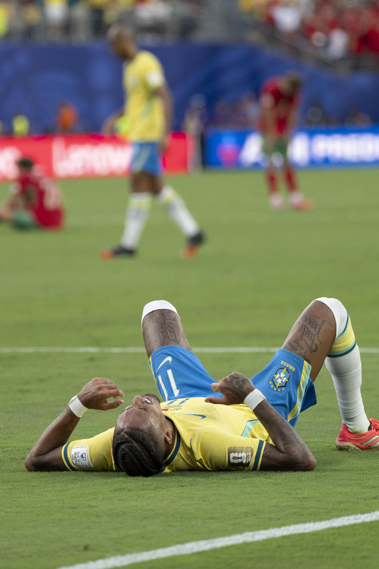 Raphael Raphinha de Brasil reacciona el pasado 13 de junio, durante un partido del grupo C del Mundial de la FIFA 2026 entre Brasil y Marruecos en el estadio MetLife en Nueva Jersey (Estados Unidos). EFE/ Ángel Colmenares
