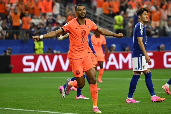 El neerlandés Cody Mathès Gakpo anotó este sábado el centésimo gol del Mundial en el minuto 54 del partido que Países Bajos ganó por 5-1 a Suecia en Houston. EFE/EPA/ALBERT PENA

