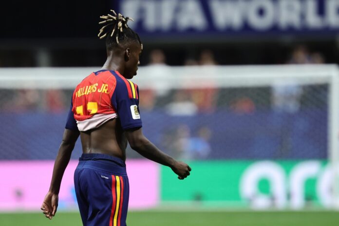 El internacional español Nico Williams, durante el partido disputado contra Cabo Verde, el pasado 15 de junio, correspondiente al Mundial de Estados Unidos, México y Canadá. EFE/ RONALD WITTEK
