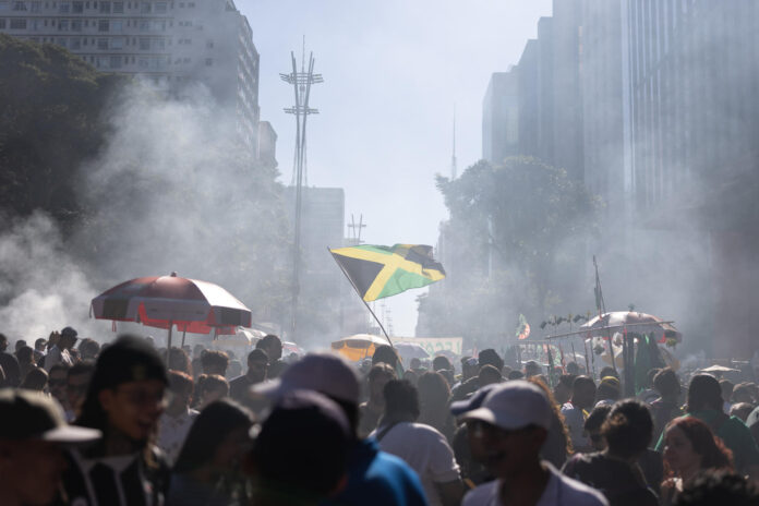 Personas participan en una manifestación para exigir la legalización de la marihuana, el acceso a tratamientos medicinales con el cannabis y el fin de la llamada guerra contra las drogas, este domingo en Sao Paulo (Brasil). EFE/ Isaac Fontana

