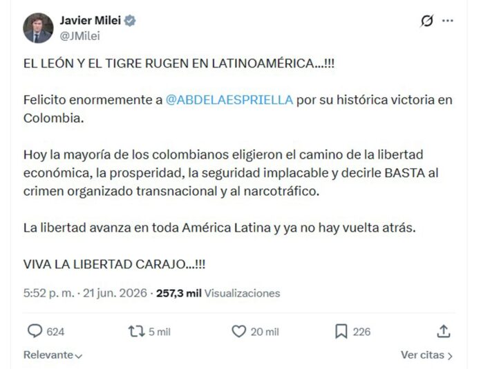 Captura de una publicación en la cuenta en X @JMilei del presidente de Argentina Javier Milei donde felicita a Abelardo de la Espriella, quien según los resultados preliminares ha ganado las elecciones presidenciales de Colombia. EFE/ @JMilei
