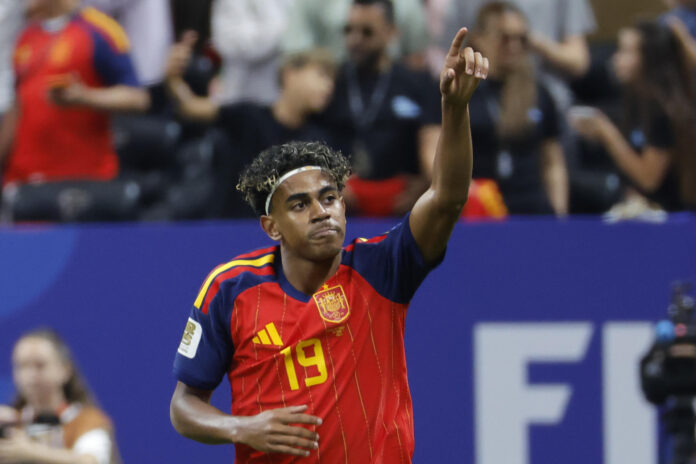 El español Lamine Yamal celebra el primer gol de su equipo ante Arabia Saudí en el Mundial 2026 en Atlanta. EFE/Lavandeira Jr
