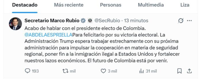 Captura de una publicación en la cuenta en X @SecRubio del secretario de Estado de EE.UU., Marco Rubio, felicitando al ultraderechista Aberlardo de la Espriella este domingo, por su victoria en las presidenciales de Colombia según el conteo preliminar, y confió en 