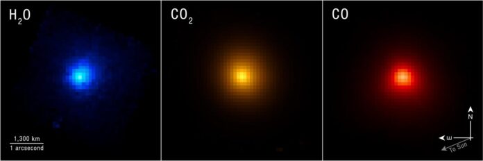 El telescopio espacial James Webb es capaz de cartografiar firmas químicas y moleculares específicas, como se aprecia en sus tres imágenes del cometa 3I/ATLAS, cada una de las cuales destaca una parte de la composición del cometa.
