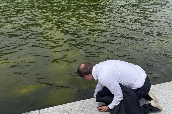 Una persona fue captada el pasado 18 de junio al revisar el estanque reflectante frente al Monumento a Abraham Lincoln, luego de que el agua volviera a teñirse de verde por un rebrote de algas, en Washington DC (EE.UU.). EFE/Leonor Trinidad
