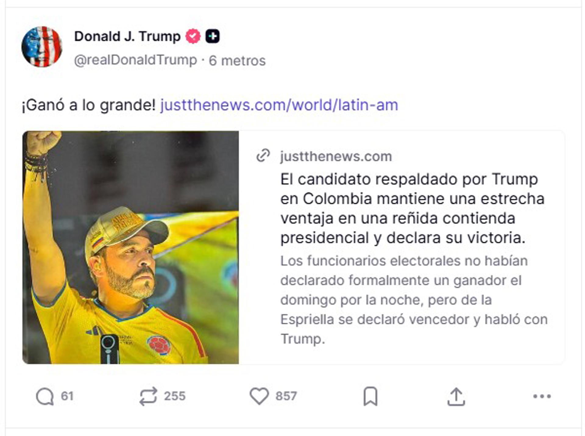 Captura de una publicación de la cuenta en Truth Social @realDonaldTrump del presidente de EE.UU., Donald Trump, donde celebra la victoria del ultraderechista Abelardo de la Espriella en las elecciones presidenciales de Colombia con un "Él gano, ¡GRANDE!", que acompaña una noticia con los resultados preliminares que le dan el triunfo por delante del candidato de izquierda Iván Cepeda. EFE/@realDonaldTrump