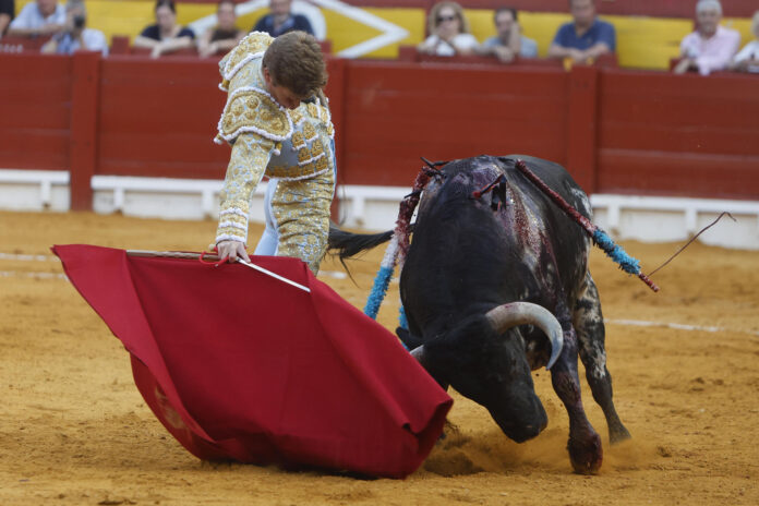 El diestro Borja Jiménez con el segundo de su lote en el festejo taurino de la Feria de Hogueras celebrada este lunes en la plaza de toros de Alicante. EFE/Morell
