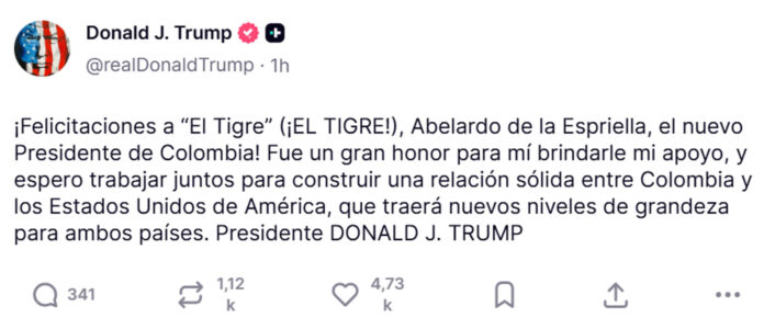 Captura de una publicación en la cuenta en Truth Social @realDonaldTrump del presidente de EE.UU., Donald Trump, donde afirma que espera 