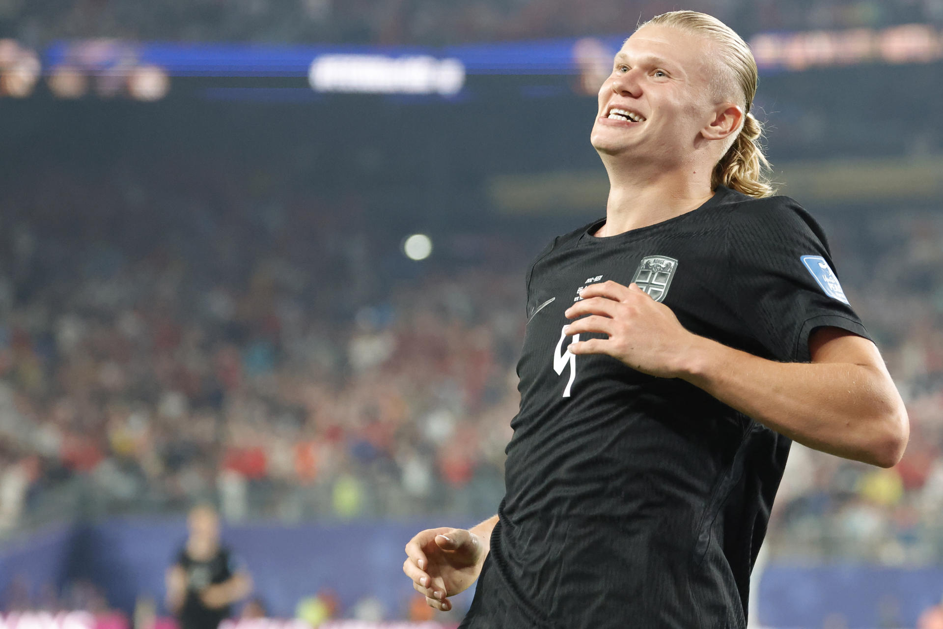 El jugador noruego Erling Haaland celebra un gol en el partido del grupo I del Mundial de la FIFA 2026 entre Noruega y Senegal en el estadio MetLife en Nueva Jersey (Estados Unidos). EFE/ Sebastiao Moreria
