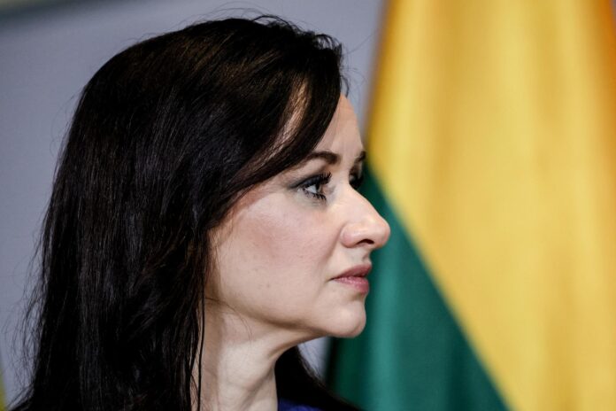 Inga Ruginienė, cuyo Gobierno de centro izquierda presentó este martes su dimisión, durante una rueda de prensa como primera ministra de Lituania en Berlín el 29 de enero de 2026. EFE/EPA/FILIP SINGER
