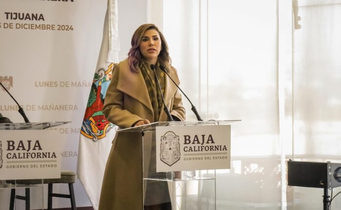 Imagen de archivo de la gobernadora del estado mexicano de Baja California, Marina del Pilar Ávila Olmeda, hablando durante una rueda de prensa en Tijuana (México). EFE/ Joebeth Terriquez
