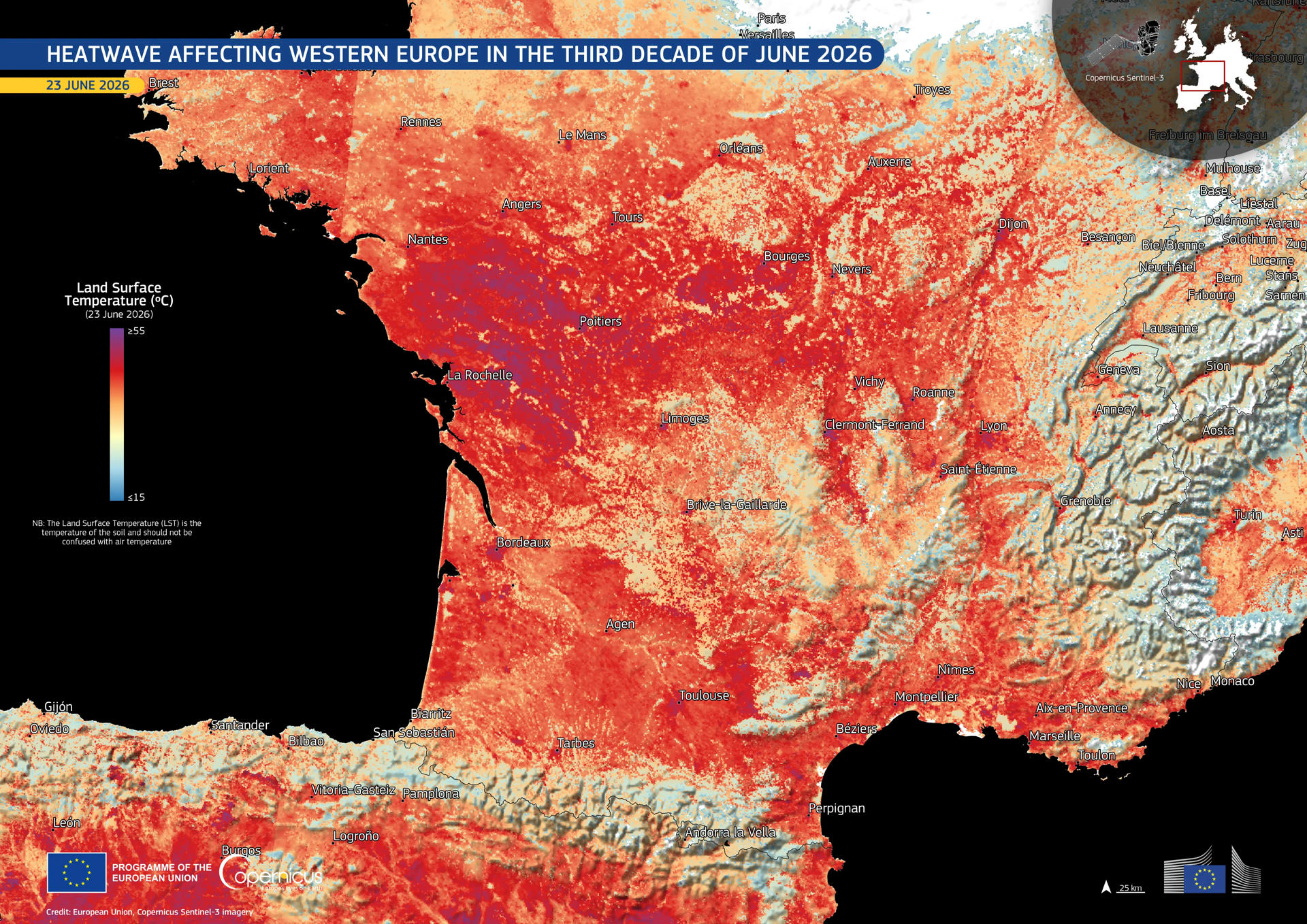Visualización basada en datos de los satélites Copernicus Sentinel-3 adquiridos el 23 de junio de 2026 a las 09:54 UTC, que muestra las temperaturas de la superficie terrestre (TST) en el centro y sur de Francia, y el norte de España. Se observan extensas áreas rojas y moradas, que indican picos de TST superiores a 50 °C. Una intensa ola de calor afecta actualmente a Europa occidental, siendo Francia y España los países más perjudicados. EFE/ Unión Europea, imágenes del satélite Copernicus Sentinel-3 // SOLO USO EDITORIAL/SOLO DISPONIBLE PARA ILUSTRAR LA NOTICIA QUE ACOMPAÑA (CRÉDITO OBLIGATORIO)