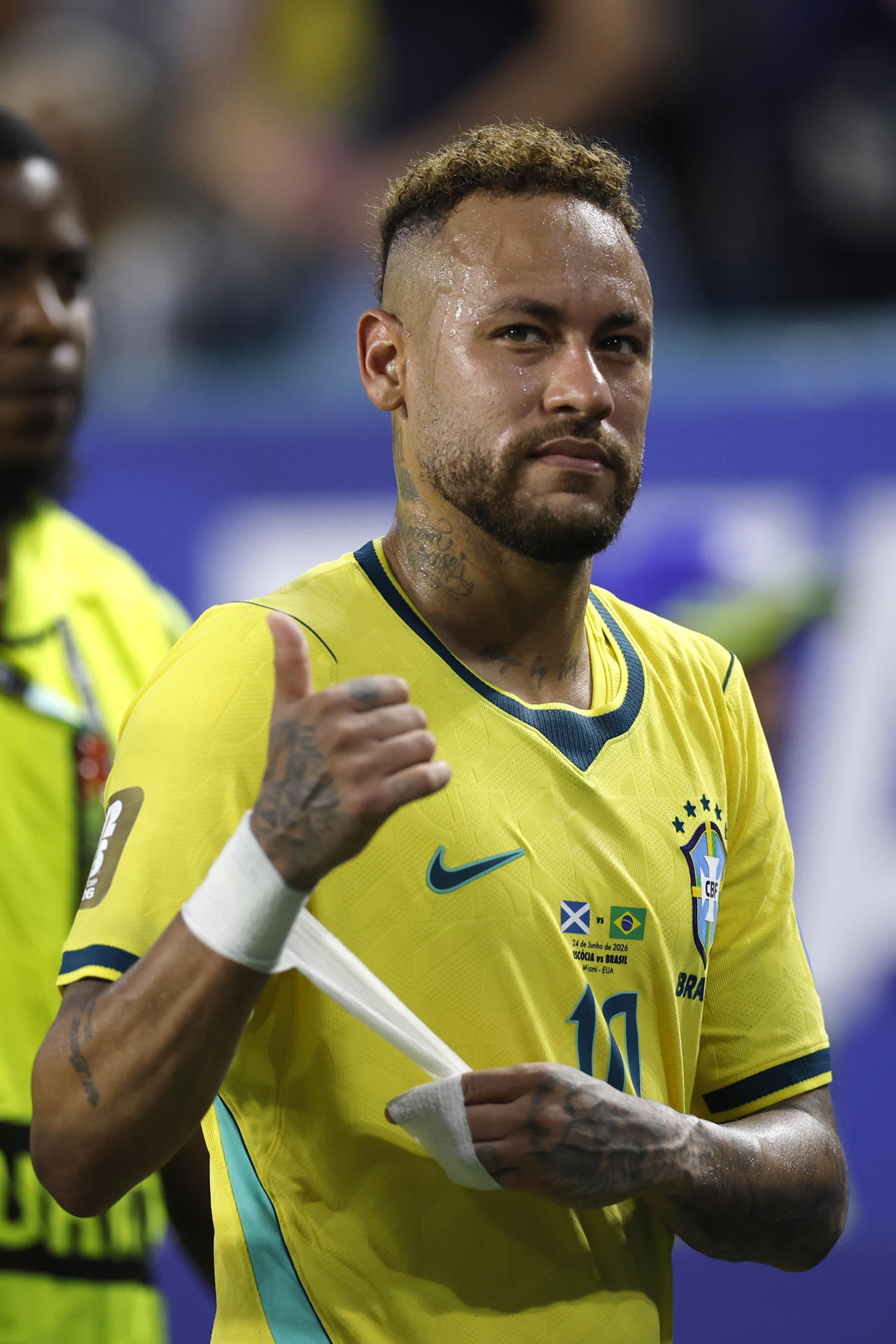 Neymar, de Brasil, reacciona al final de un partido del grupo C del Mundial de la FIFA 2026 entre Escocia y Brasil, en el estadio Hard Rock en Miami (EE.UU.). EFE/ Alberto Estevez
