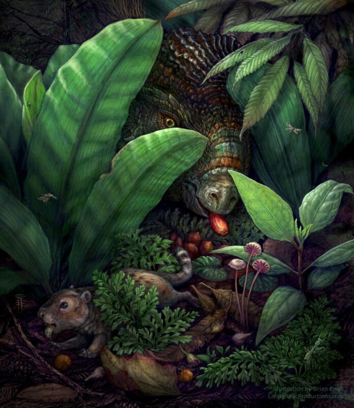 Reconstrucción del suelo del bosque de la flora de Dori's Tuff (de 74.6 millones de años de antigüedad), que muestra interacciones hipotéticas entre angiospermas y dispersores. Las plantas representadas, incluyendo el follaje, los frutos, las semillas y las flores, fueron ilustradas en su posición de vida basándose en las plantas fósiles encontradas en el lugar y sus hábitos de crecimiento inferidos. Fotografía facilitada por Brian Engh
