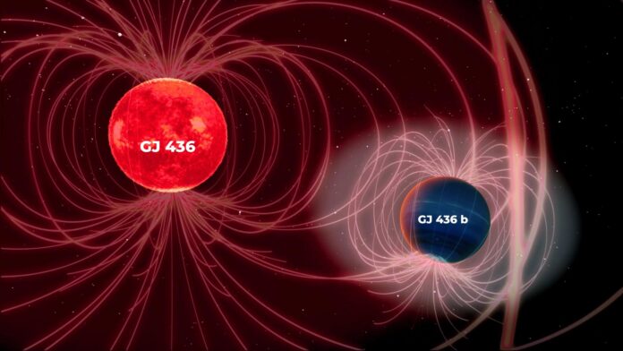 Un equipo internacional de investigadores ha logrado la evidencia más sólida hasta la fecha de la existencia de un campo magnético en un planeta situado fuera del Sistema Solar y ha demostrado cómo puede modificar la actividad de su estrella, lo que abre una nueva vía para estudiar la habitabilidad de otros mundos. La imagen muestra una representación artística del planeta en primer plano y de su estrella anfitriona al fondo. Imagen: Instituto de Astrofísica de Andalucía (IAA-CSIC)/LampScience
