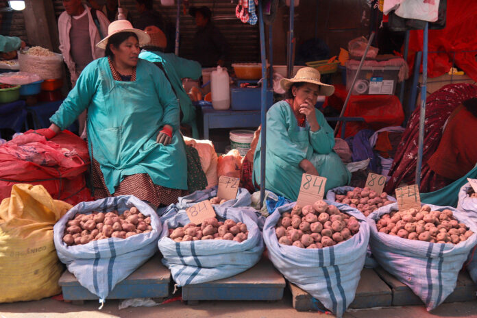 Fotografía de archivo fechada el 30 de mayo de 2026 que muestra a personas ofreciendo sus productos en un mercado en La Paz (Bolivia). EFE/ Gabriel Márquez ARCHIVO
