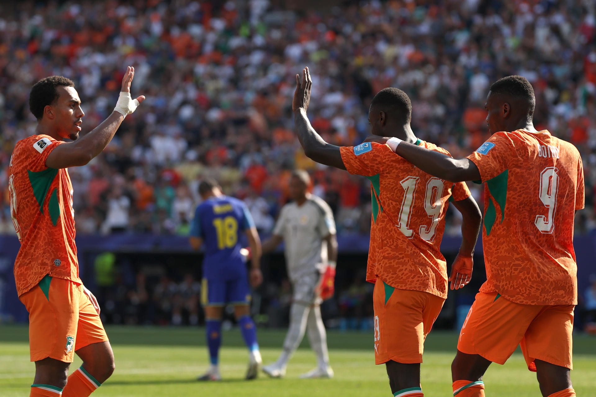Jugadores de Costa de Marfil celebran un gol en un partido del grupo E del Mundial de la FIFA 2026. EFE/ David Toro
