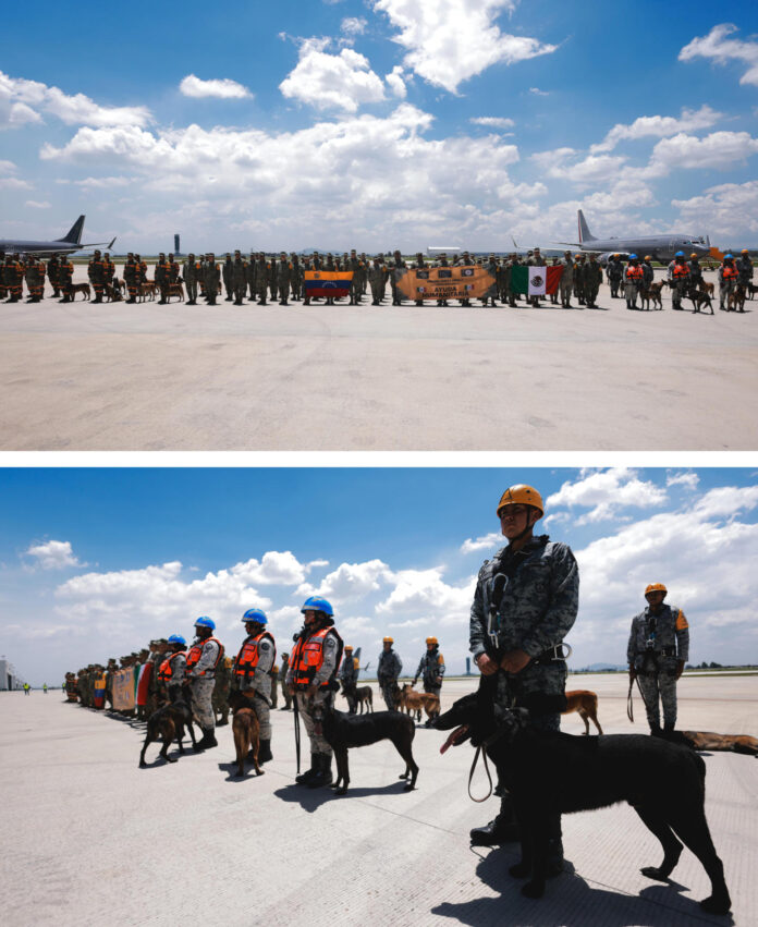 Combo de fotografías cedidas por la Secretaría de Relaciones Exteriores que muestra personal de rescate que viajará a Venezuela por los sismos registrados este jueves, desde la base aérea militar de Santa Lucía, (México). El Gobierno de México informó que envió dos aviones con ayuda humanitaria y un apoyo de 261 agentes del Ejército, Fuerza Aérea Mexicana y Guardia Nacional hacia Venezuela tras los terremotos de magnitud 7,2 y 7,5 registrados el miércoles en el país caribeño, que por el momento dejan 235 muertos y 4.300 heridos. EFE/ Secretaría de Relaciones Exteriores /SOLO USO EDITORIAL/ NO VENTAS/ SOLO DISPONIBLE PARA ILUSTRAR LA NOTICIA QUE ACOMPAÑA (CRÉDITO OBLIGATORIO)
