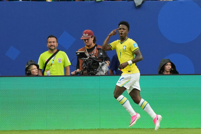 Vinícius Júnior de Brasil celebra un gol en un partido del grupo C del Mundial de la FIFA 2026. EFE/ Alberto Boal
