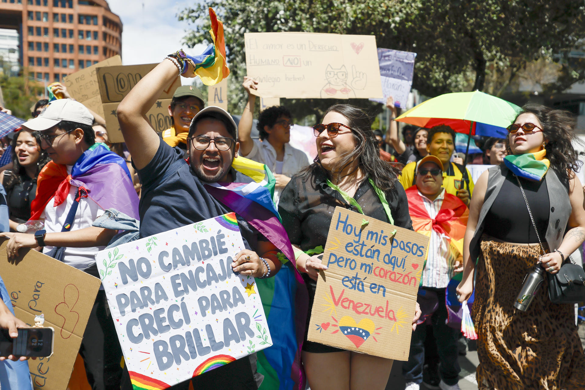 Personas participan en la marcha con motivo del Día del Orgullo LGTBI este sábado, en Quito (Ecuador). EFE/ José Jácome
