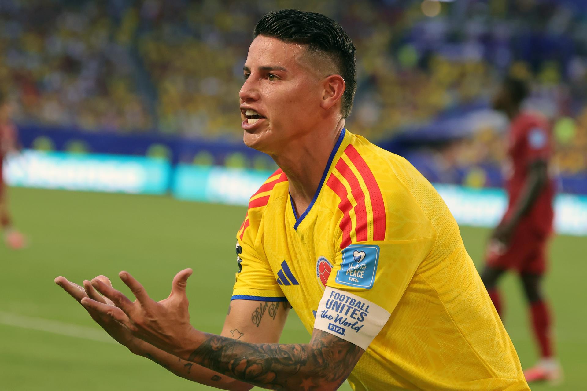James Rodríguez, de Colombia, gesticula durante el partido del Mundial 2026 ante Portugal, en Miami. EFE/EPA/CRISTÓBAL HERRERA-ULASHKEVICH
