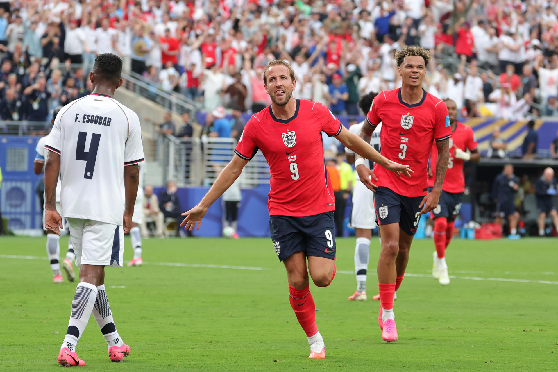 Harry Kane, de Inglaterra, celebra un gol en un partido del grupo L del Mundial de la FIFA 2026 entre Panamá e Inglaterra en el estadio MetLife de Nueva Jersey (Estados Unidos). EFE/Sebastiao Moreira
