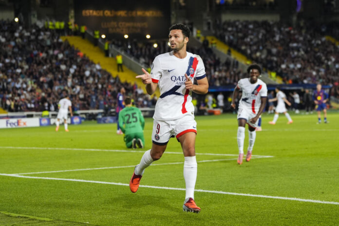 Imagen de archivo en la que el delantero portugués del París Saint-Germain Gonçalo Ramos celebra un gol. EFE/Siu Wu.
