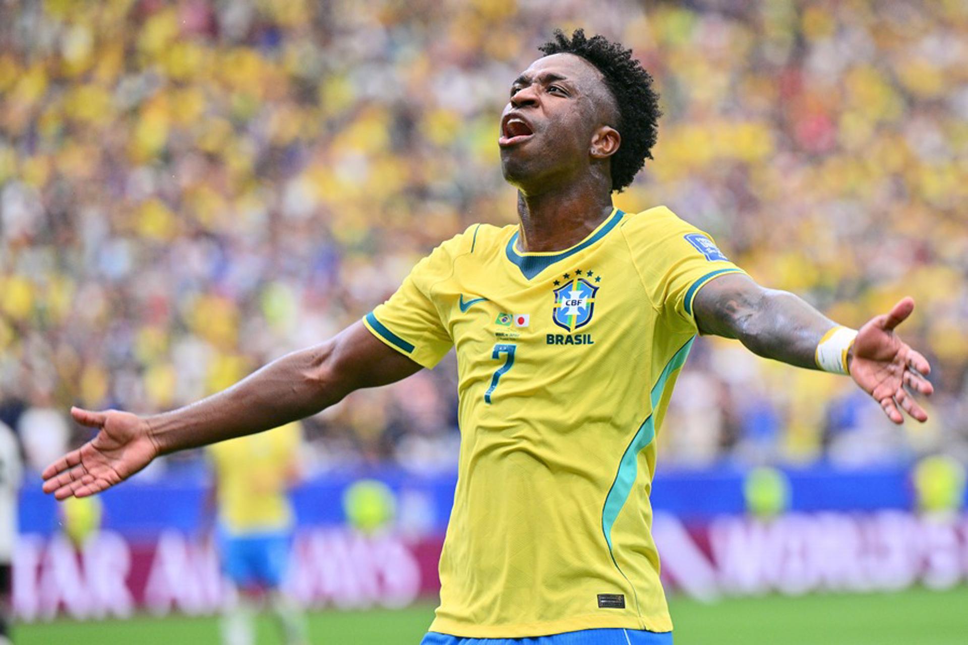Vinicius Junior, de Brasil, reacciona durante el partido de la Copa Mundial de la FIFA 2026. EFE/EPA/SAM WASSON
