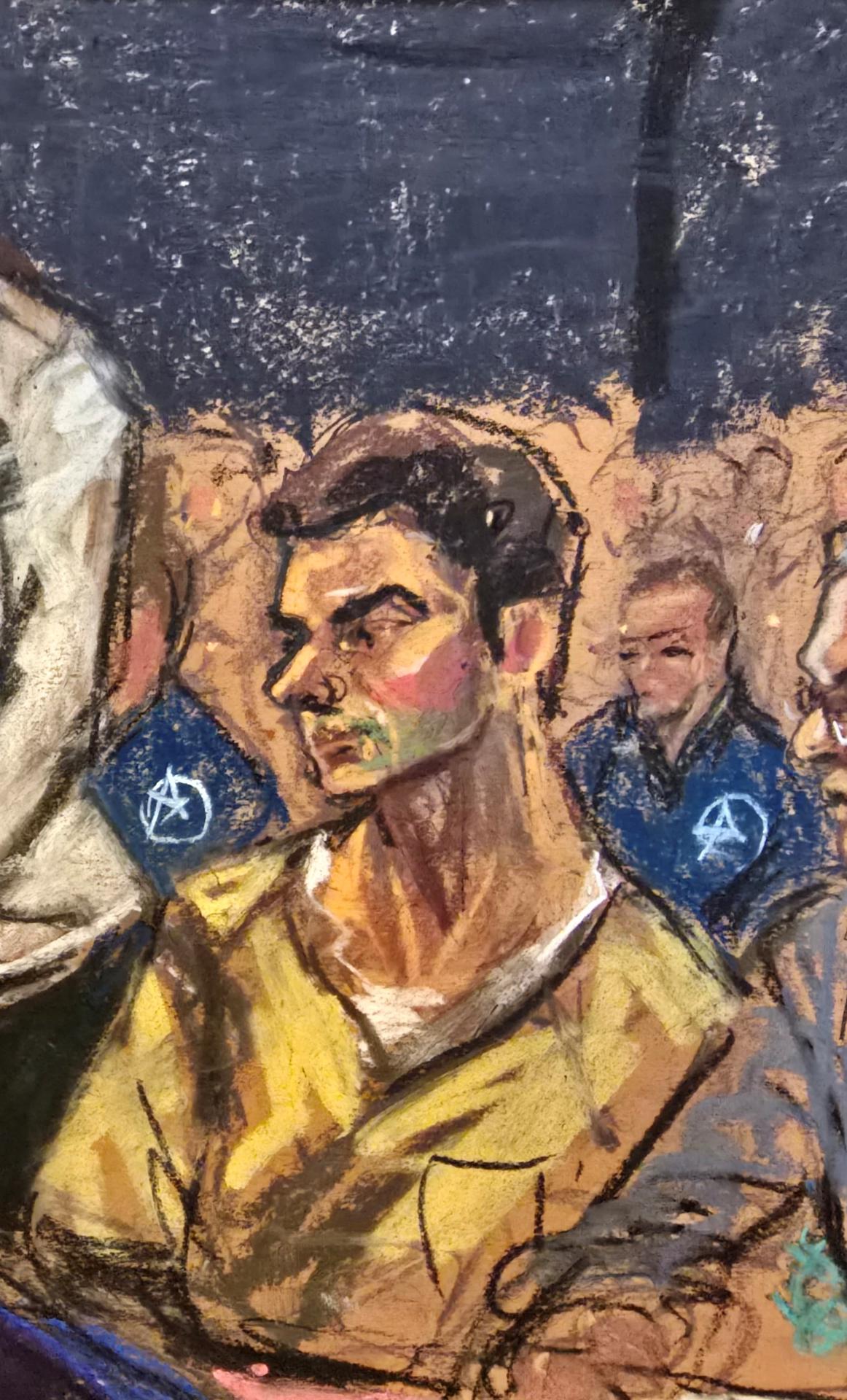 Fotografía de un dibujo realizado por la artista Jane Rosenberg que muestra a Luigi Mangione durante una audiencia este lunes, en un tribunal de Nueva York (Estados Unidos). EFE/ Jane Rosenberg
