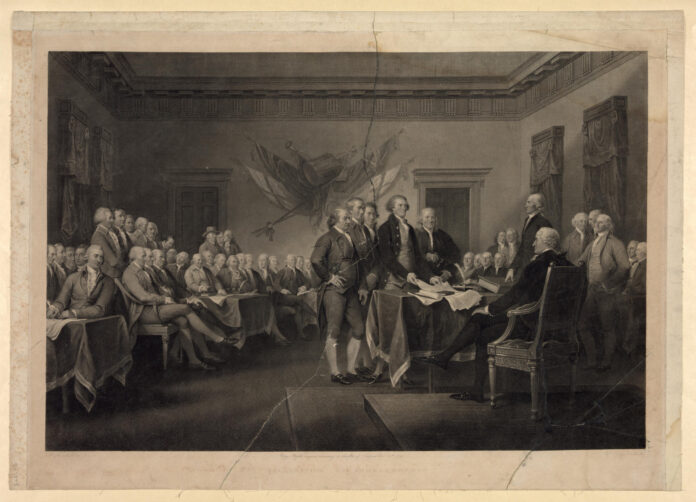 Fotografía cedida por la Biblioteca del Congreso de un grabado impreso en 1823 por Asher Brown representando el momento en que se presentó el primer borrador de la Declaración de Independencia de Estados Unidos al Segundo Congreso Continental. EFE/ Biblioteca del Congreso
