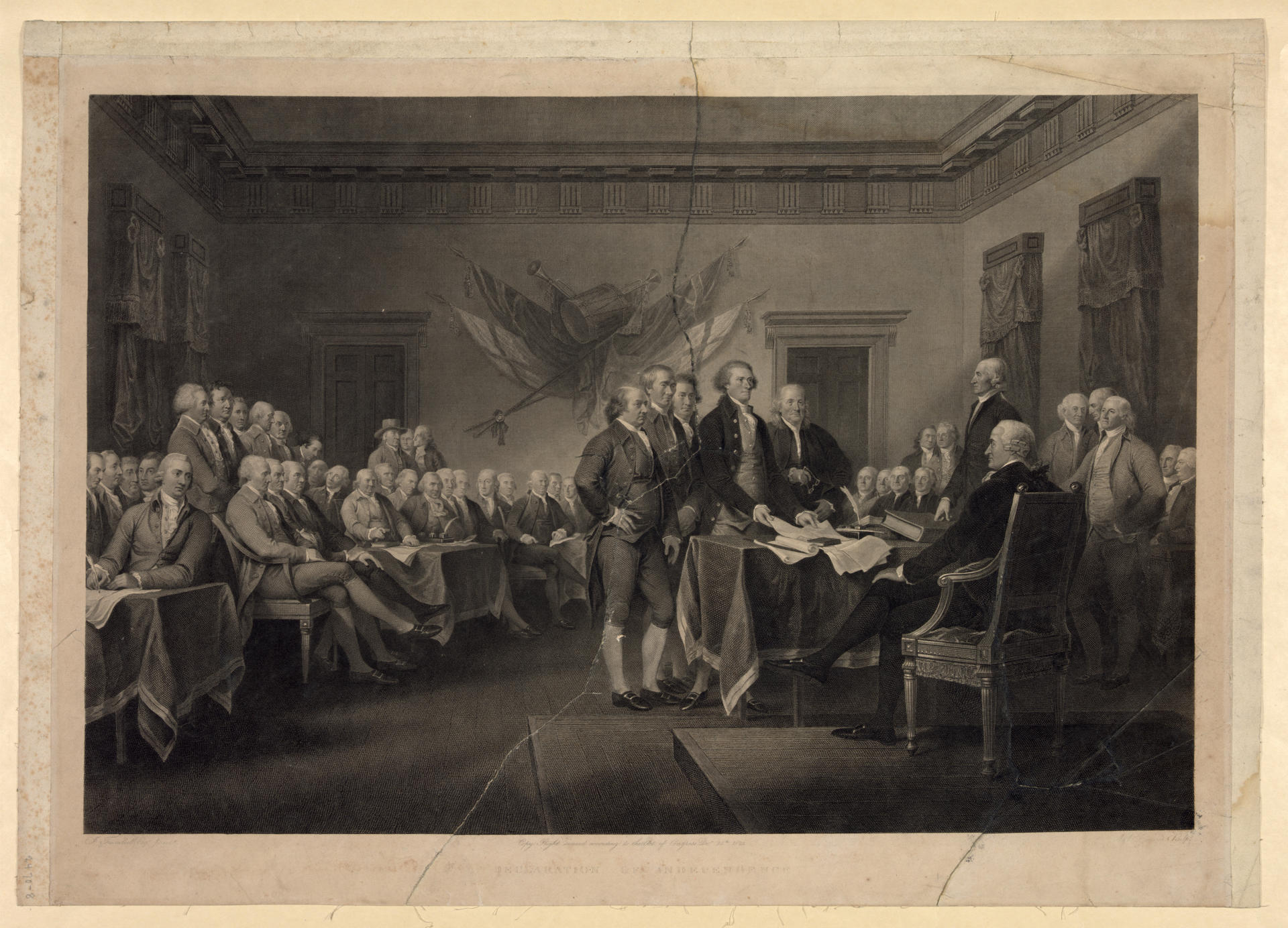 Fotografía cedida por la Biblioteca del Congreso de un grabado impreso en 1823 por Asher Brown representando el momento en que se presentó el primer borrador de la Declaración de Independencia de Estados Unidos al Segundo Congreso Continental. EFE/ Biblioteca del Congreso /SOLO USO EDITORIAL/ NO VENTAS/ SOLO DISPONIBLE PARA ILUSTRAR LA NOTICIA QUE ACOMPAÑA (CRÉDITO OBLIGATORIO)
