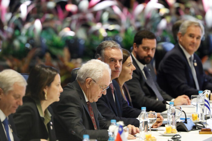 El presidente de Uruguay, Yamandú Orsi (c), participa en la 68 Cumbre de Presidentes del Mercosur este martes, en Luque (Paraguay). EFE/ Juan Pablo Pino
